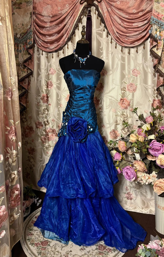 Trendy Strapless Tiered Mermaid Evening Gowns Handmade Flower Sequins Prom Dress AP2807