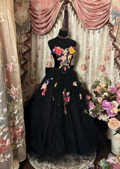 Attractive A-Line Spaghetti Strap Prom Dress Sequins Handmade Flowers Tulle Black Evening Gowns AP2808