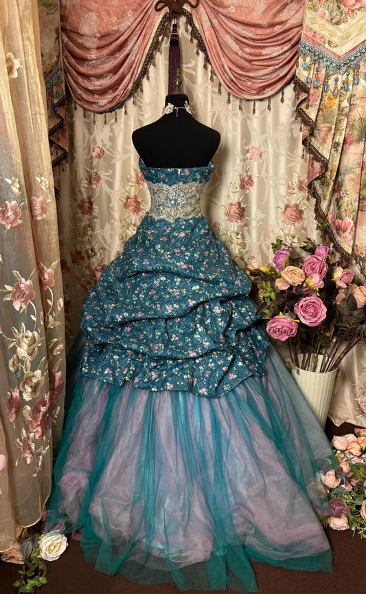 Floral A-Line Strapless Evening Dresses  Sequins Lace Tulle Prom Dress AP2809