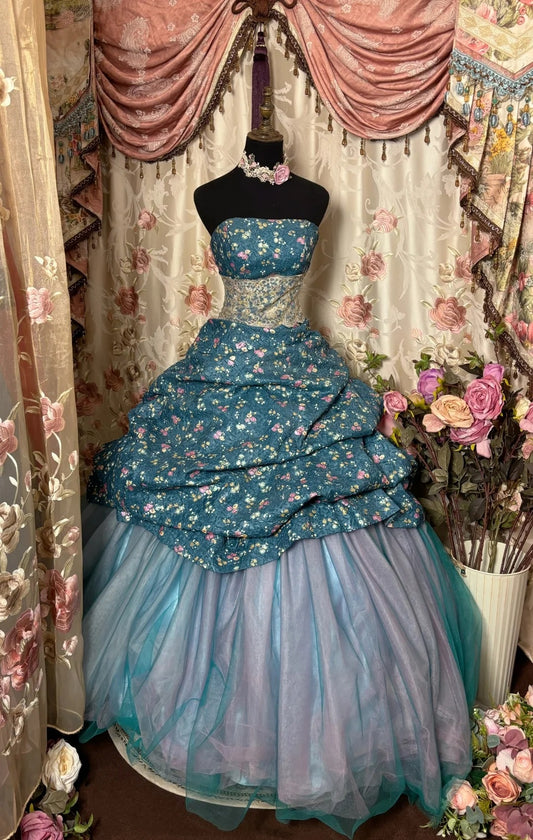 Floral A-Line Strapless Evening Dresses  Sequins Lace Tulle Prom Dress AP2809