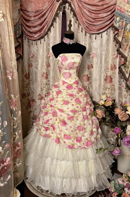 Pretty A-Line Strapless Evening Dresses Pearls Floral Prom Dress AP2814