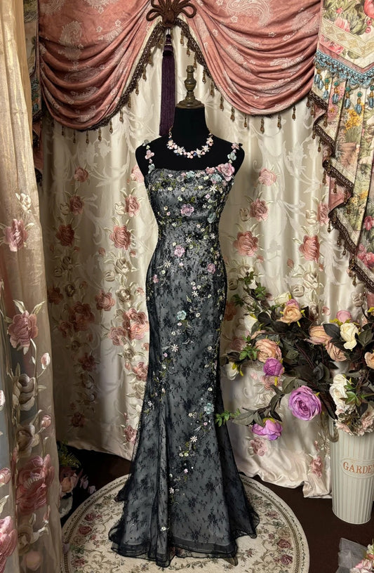 Fancy Mermaid Spaghetti Strap Long Prom Dress Appliques Beaded Sequins Evening Dresses AP2817