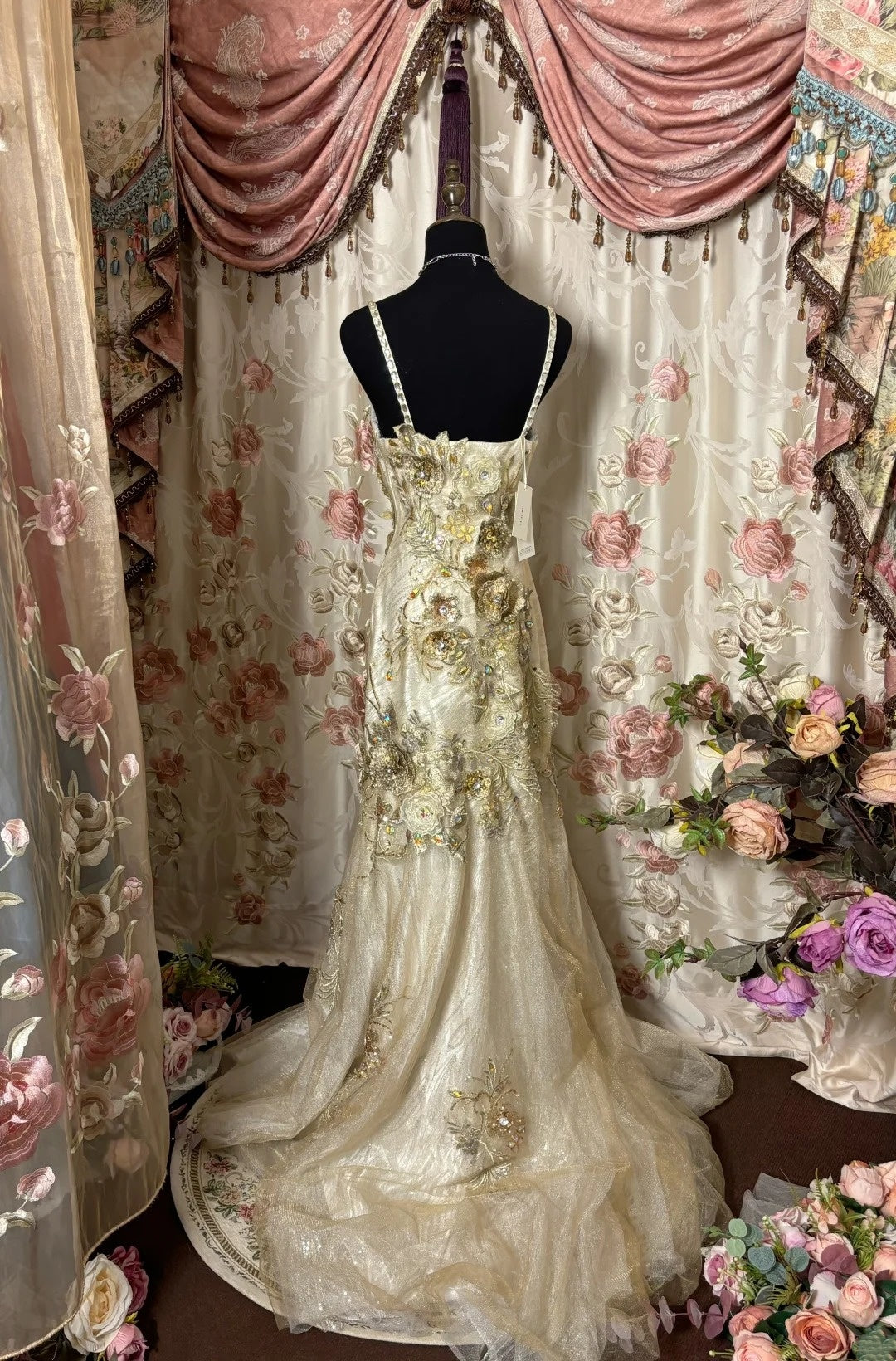 Romantic Mermaid Spaghetti Strap Evening Gowns Appliques Rhinestone Sequins Long Prom Dress AP2818