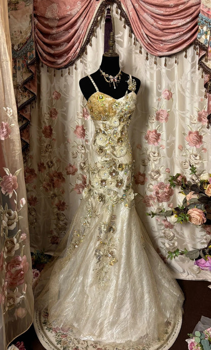 Romantic Mermaid Spaghetti Strap Evening Gowns Appliques Rhinestone Sequins Long Prom Dress AP2818