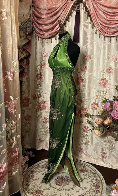 Oriental Sheath Halter Neck Long Evening Gowns Cutout Beading Embroidery Sequins Slit Prom Dress AP2829