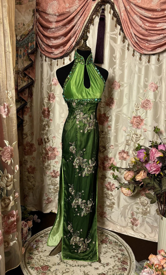 Oriental Sheath Halter Neck Long Evening Gowns Cutout Beading Embroidery Sequins Slit Prom Dress AP2829