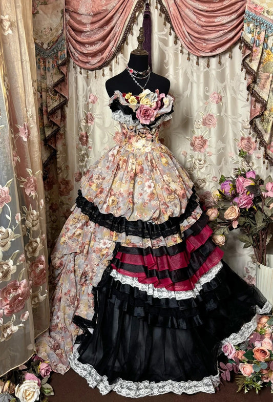 Floral A-Line Strapless Sweet 16th Gown Handmade Flowers Beading Tiered Prom Dress AP2830