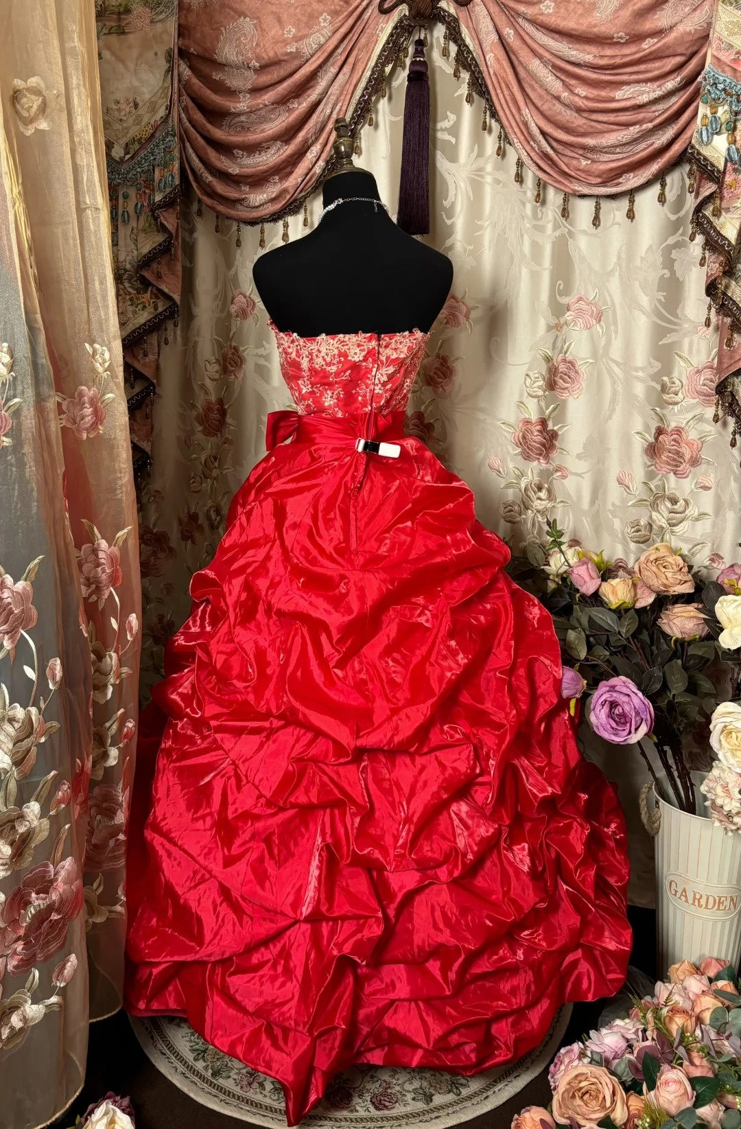 Dreamy Red A-Line Strapless Sweet 16th Gown Bow Sequins Appliques Prom Dress AP2834