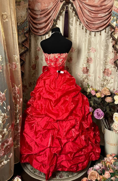 Dreamy Red A-Line Strapless Sweet 16th Gown Bow Sequins Appliques Prom Dress AP2834