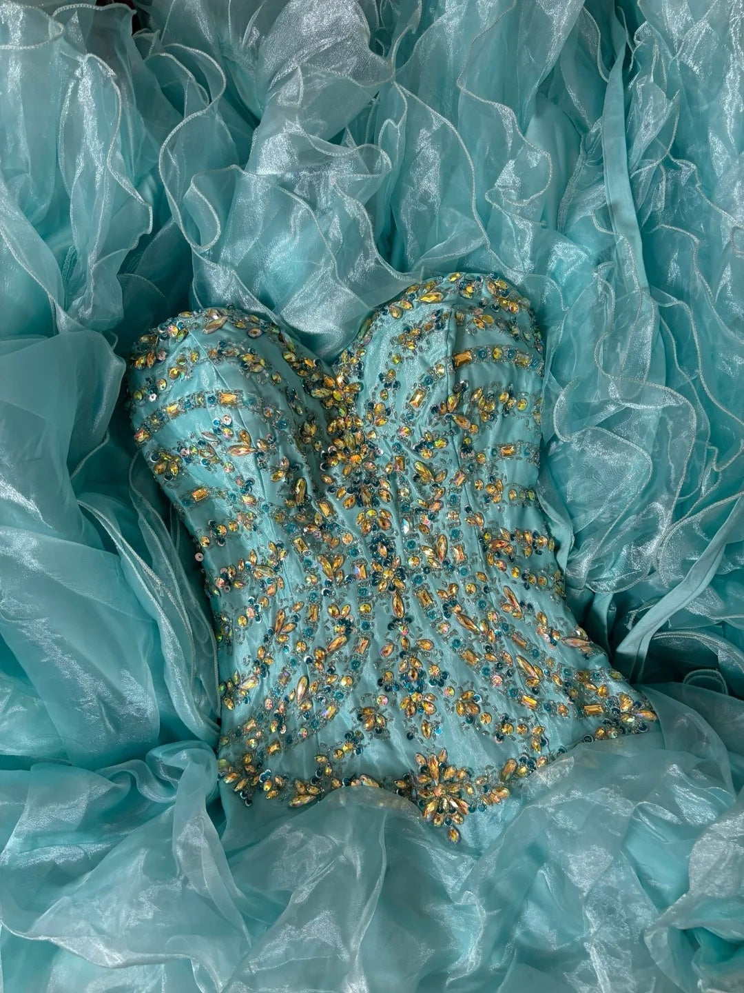 Alluring A-Line Strapless Sweet 16th Dress Sequins Crystals Ruffled Tulle Prom Dress AP2837