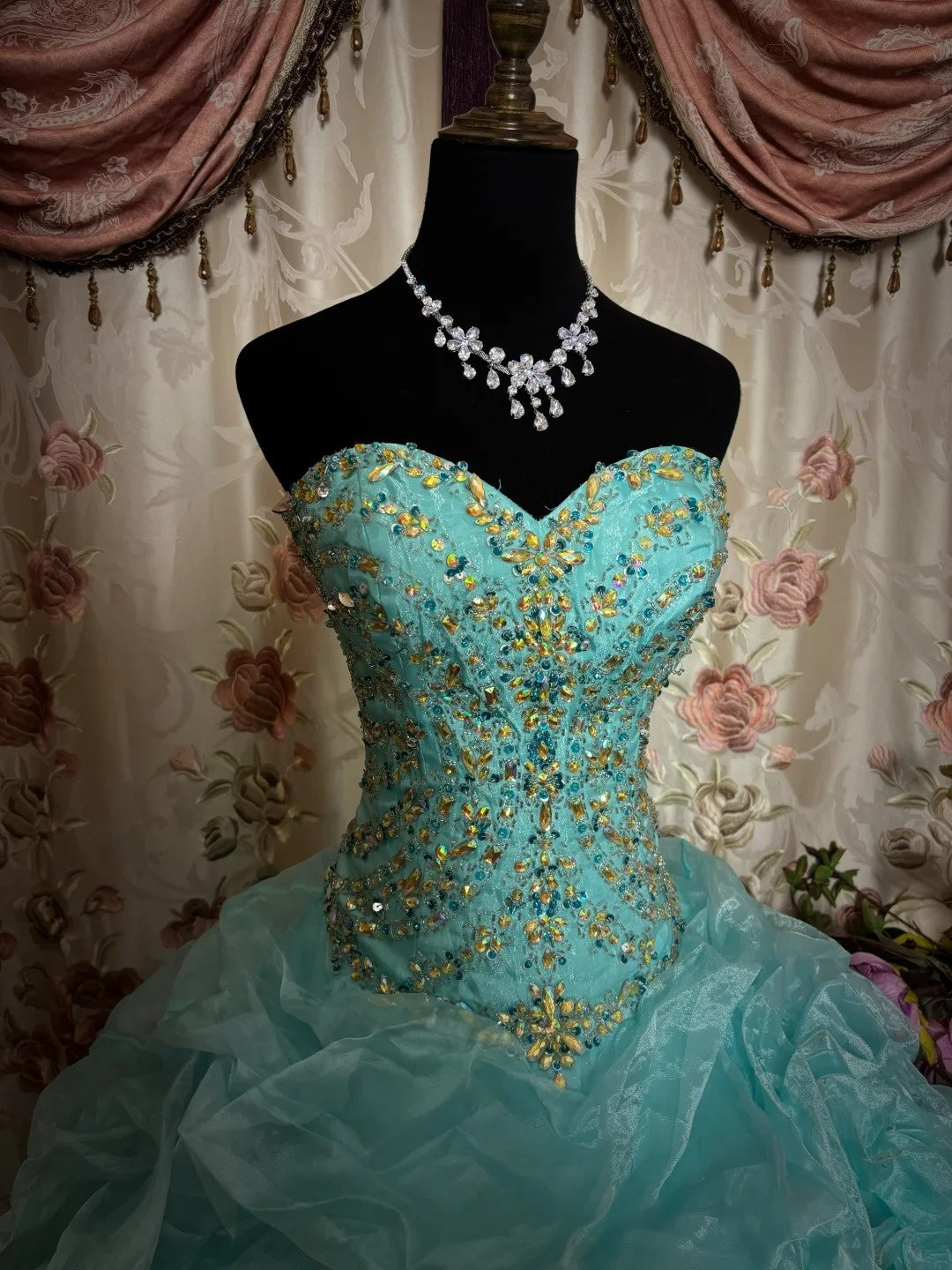 Alluring A-Line Strapless Sweet 16th Dress Sequins Crystals Ruffled Tulle Prom Dress AP2837