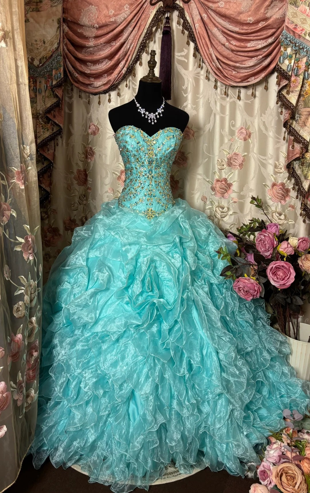 Alluring A-Line Strapless Sweet 16th Dress Sequins Crystals Ruffled Tulle Prom Dress AP2837