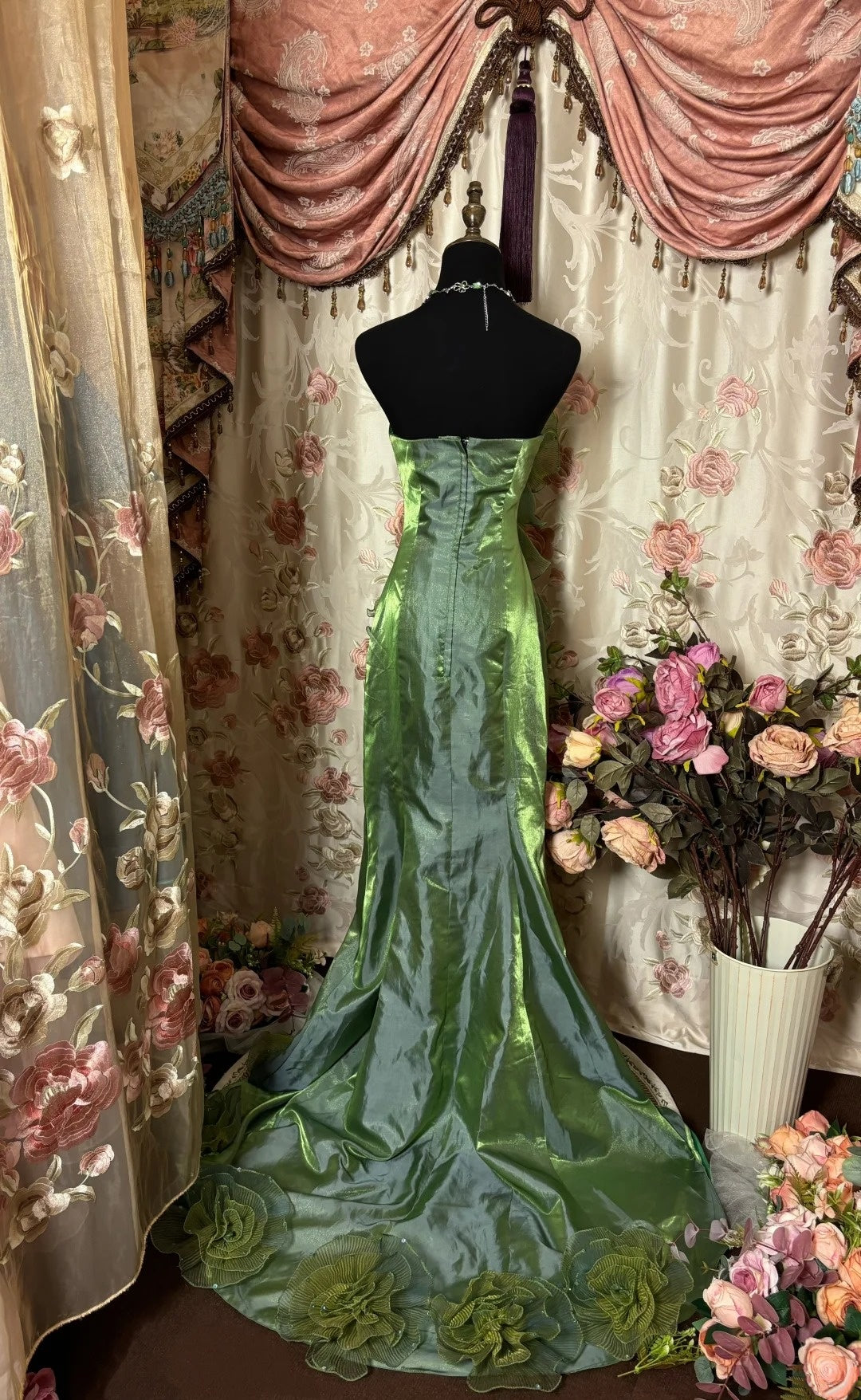 Glam Mermaid Strapless Formal Dresses Handmade Flowers Sequins Beads Tulle Prom Dress AP2839