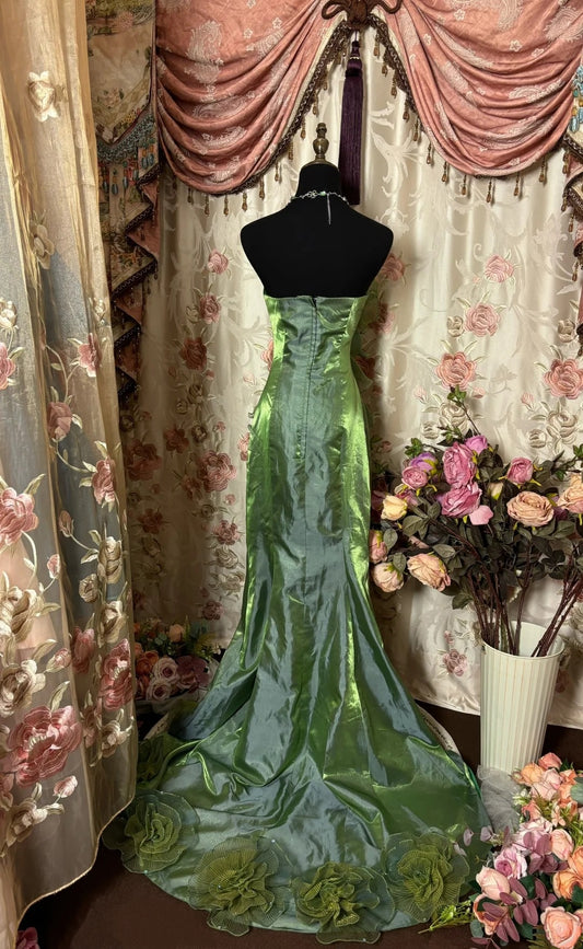Glam Mermaid Strapless Formal Dresses Handmade Flowers Sequins Beads Tulle Prom Dress AP2839