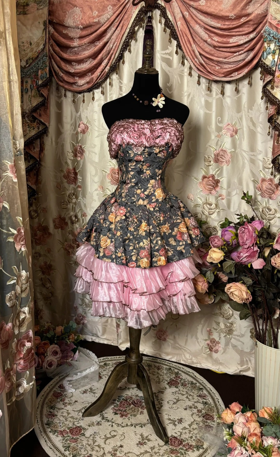 Dramatic Strapless A-Line Birthday Outfits Ruffles Tiered Tulle Floral Homecoming Dress AP2841