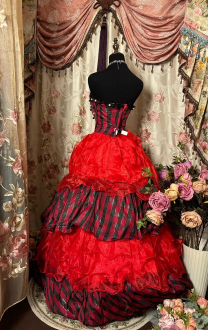 Fashionable A-Line Strapless Sweet 16th Dress Bow Beads Plaid Tiered Tulle Prom Dress AP2846