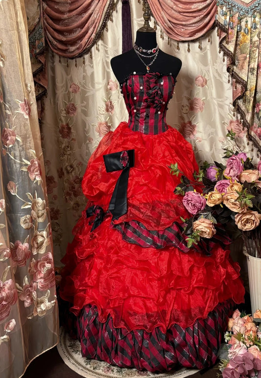 Fashionable A-Line Strapless Sweet 16th Dress Bow Beads Plaid Tiered Tulle Prom Dress AP2846