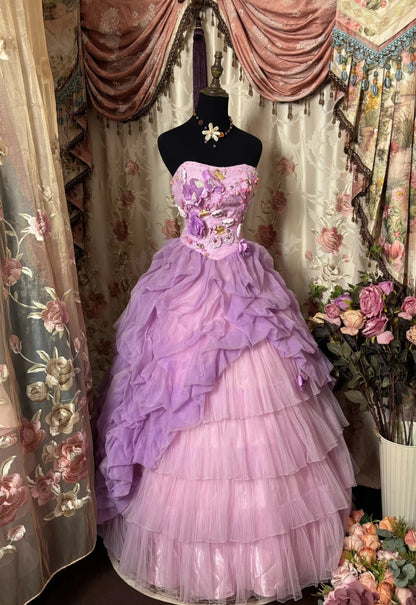 French Style A-Line Strapless Sweet 16th Dress Beads Handmade Flowers Tulle Prom Dress AP2847