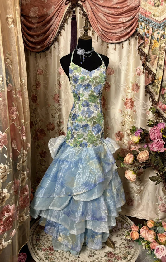 Dopamine Style Mermaid Halter Neck Formal Dresses Sequins Backless Ruffles Floral Prom Dress AP2851
