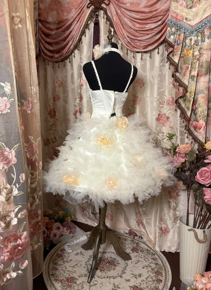 Adorable Spaghetti Straps A-Line Birthday Dresses Handmade Flowers Lace Tulle Crystal Homecoming Dress AP2852
