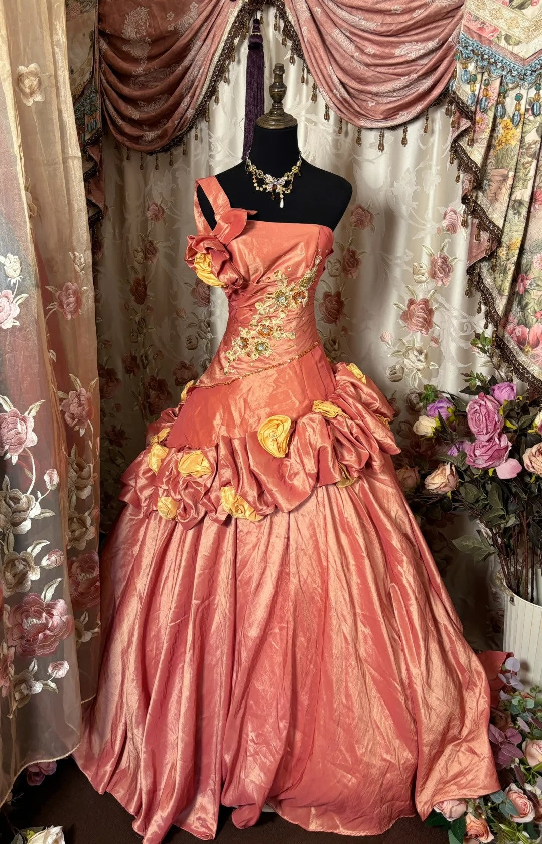 Sparkly A-Line One Shoulder Evening Dresses Handmade Flowers Crystals Sequins Prom Dress AP2854