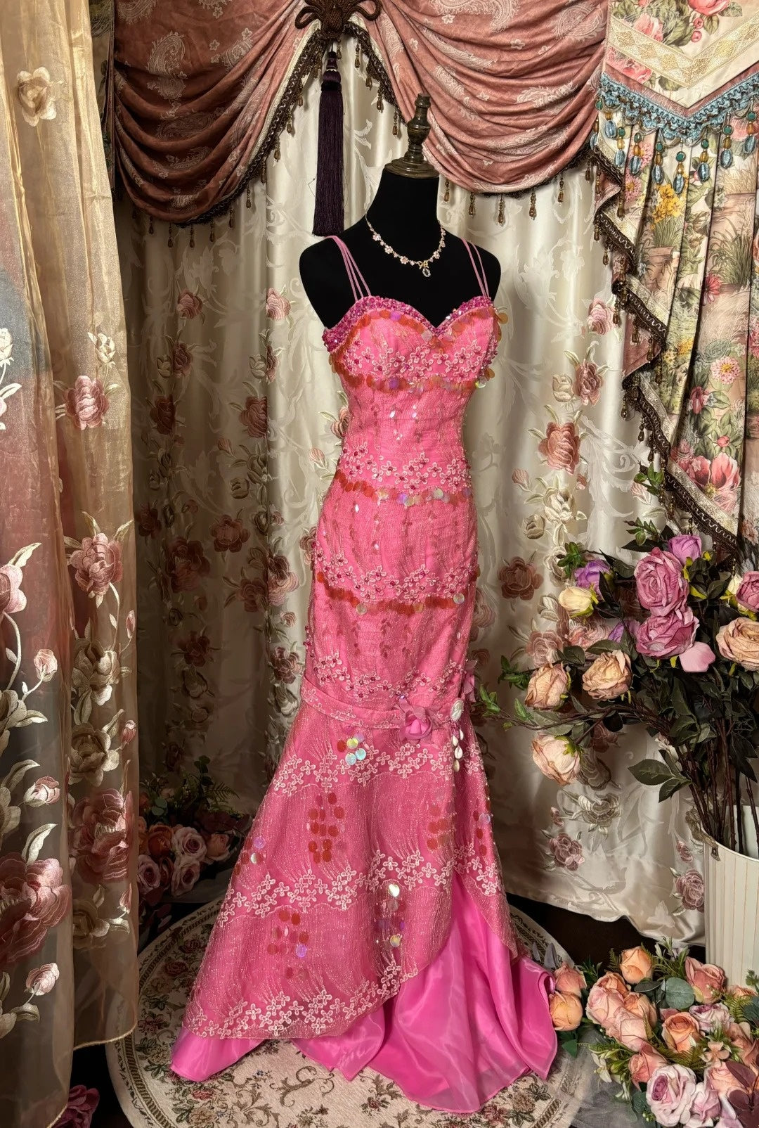 Dopamine Style Spaghetti Strap Mermaid Prom Dress Sequins Applique Tulle Crystals Formal Dresses AP2855