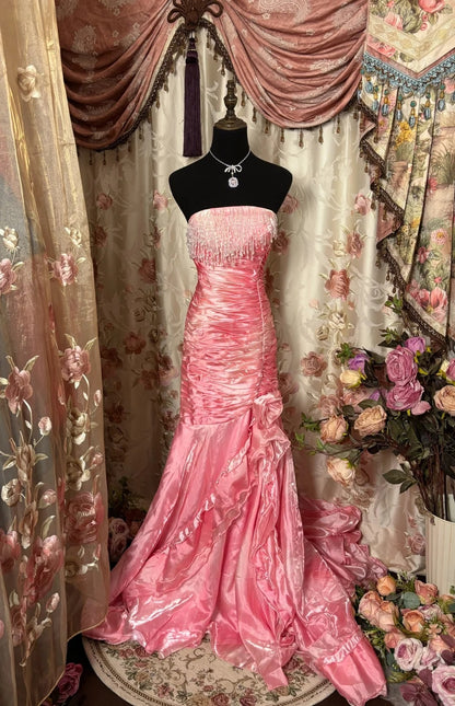 Charming Mermaid Strapless Formal Dresses Beading Handmade Flowers Pleated Prom Dress AP2856