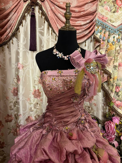 Stylish A-Line One Shoulder Evening Gowns Rhinestone Sequins Handmade Flowers Tulle Prom Dress AP2859