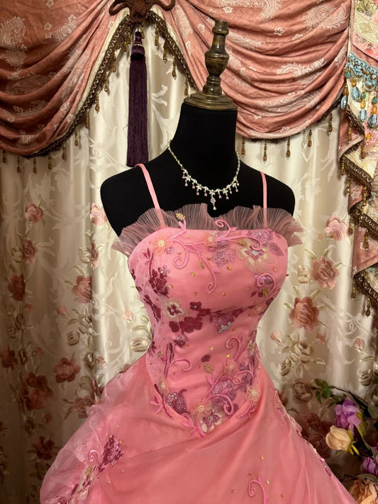 Flattering Spaghetti Strap A-Line Prom Dress Applique Beads Sequins Pink Tulle Formal Dresses AP2862