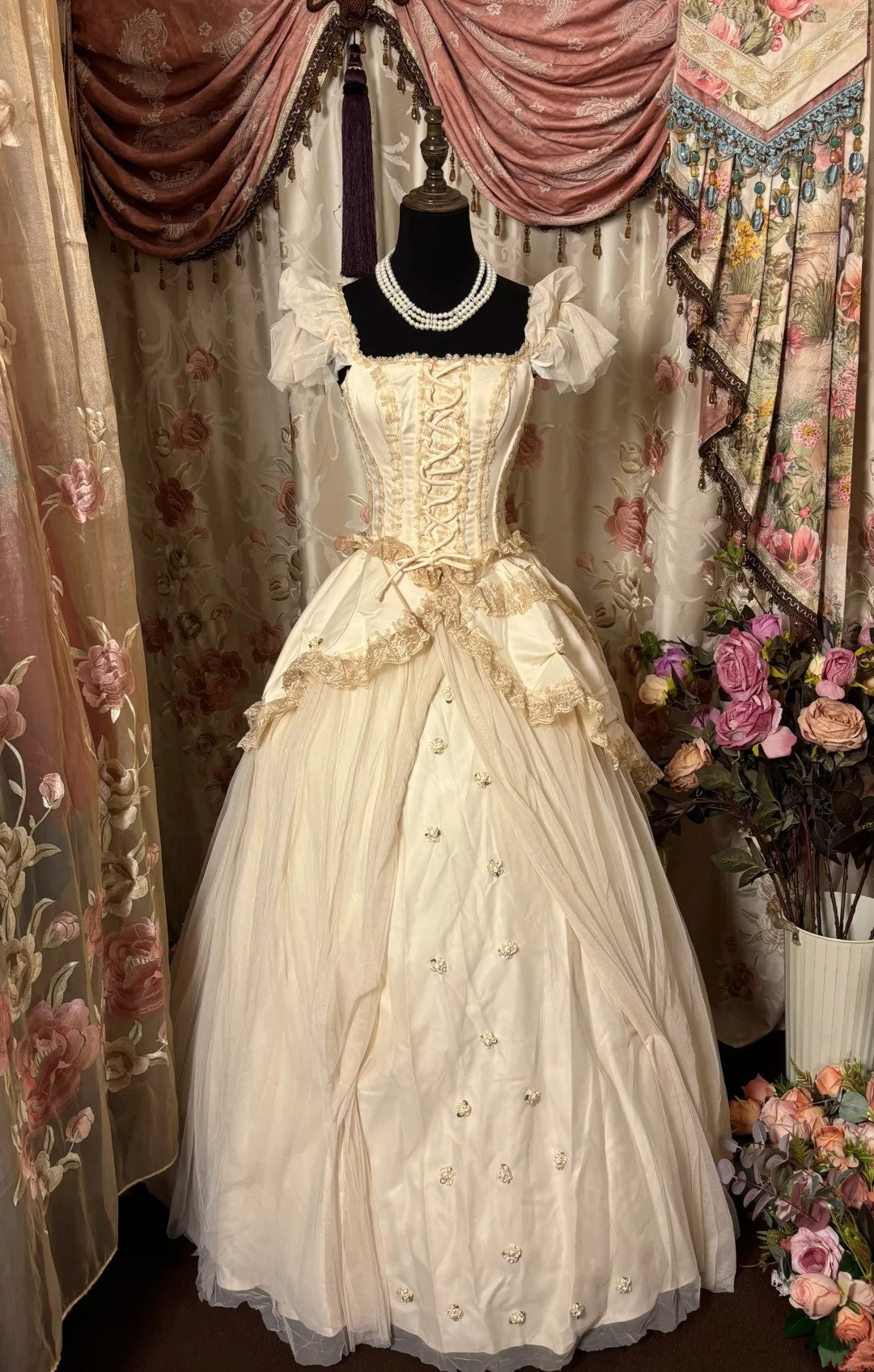 Trendy A-Line Square Neck Prom Dress Appliques Lace Tulle Short Sleeve Evening Dresses AP2863