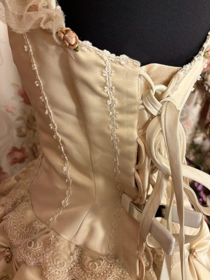 Attractive A-Line Square Neck Prom Dress Ruffles Appliques Lace Satin Evening Dresses AP2864