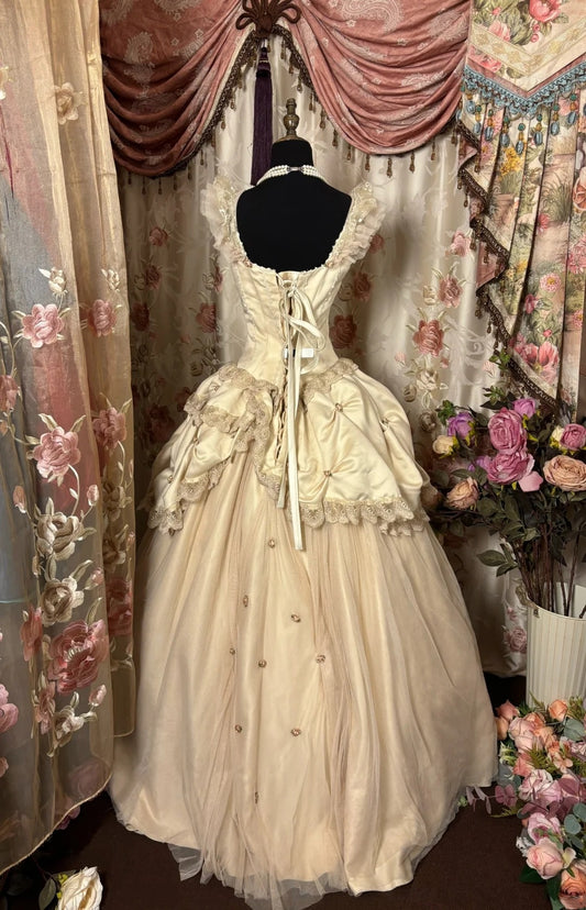 Attractive A-Line Square Neck Prom Dress Ruffles Appliques Lace Satin Evening Dresses AP2864