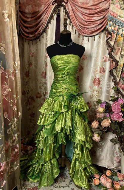 Pretty Strapless Sheath Formal Dresses Beading Handmade Flowers Slit Ruffled Prom Dress AP2869