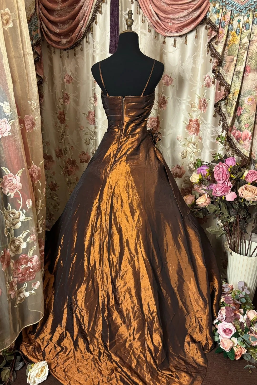 New Spaghetti Strap A-Line Prom Dress Sequins Handmade Flowers Formal Dresses AP2872