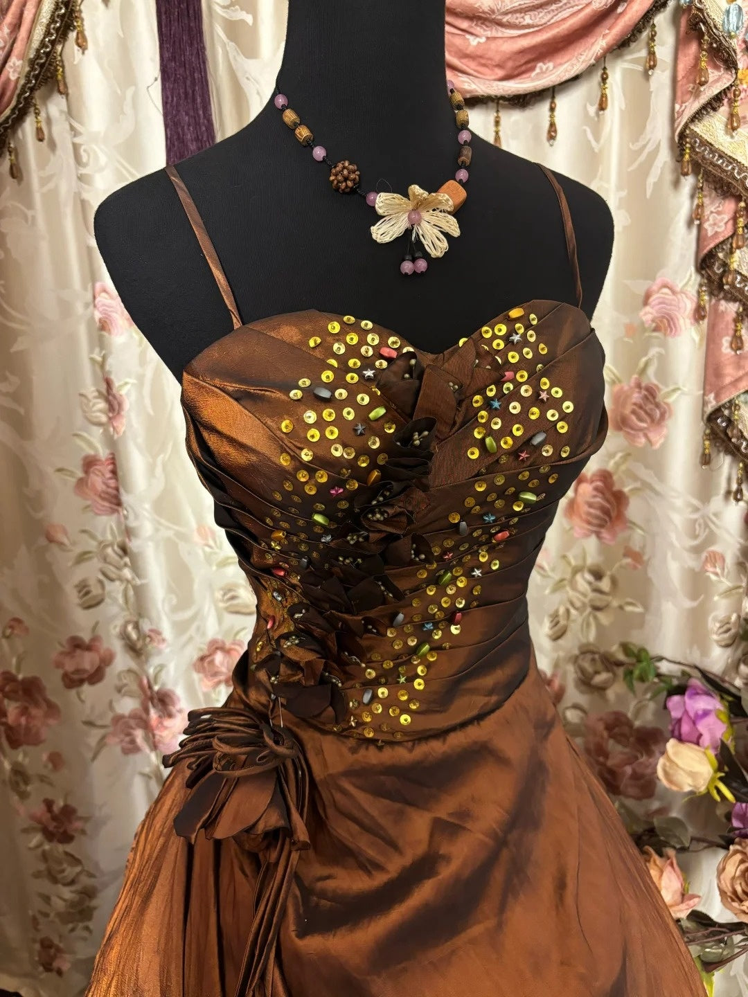 New Spaghetti Strap A-Line Prom Dress Sequins Handmade Flowers Formal Dresses AP2872