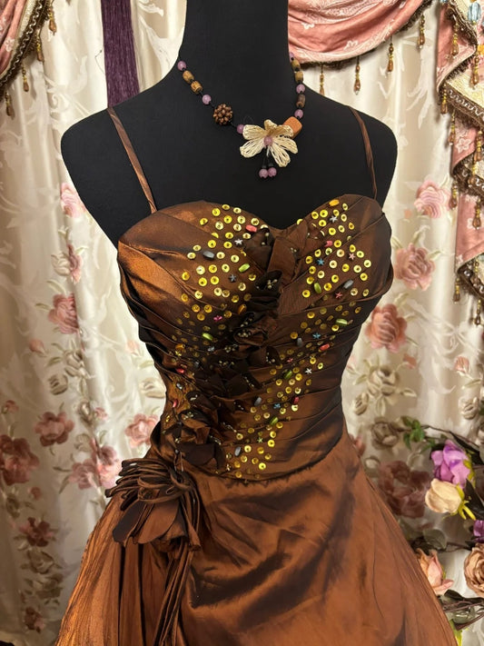 New Spaghetti Strap A-Line Prom Dress Sequins Handmade Flowers Formal Dresses AP2872