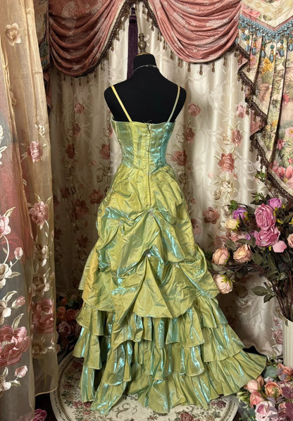 Ornate Spaghetti Strap A-Line Ruffled Prom Dress Sequins Appliques Pleated Formal Dresses AP2873