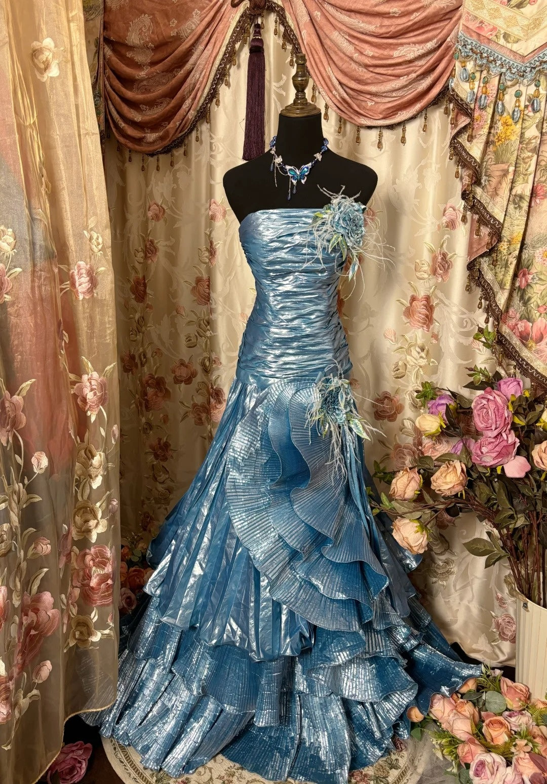 Fabulous Mermaid Strapless Pleated Sweet 16th Dress Sequins Handmade Flowers Feather Prom Dress AP2874