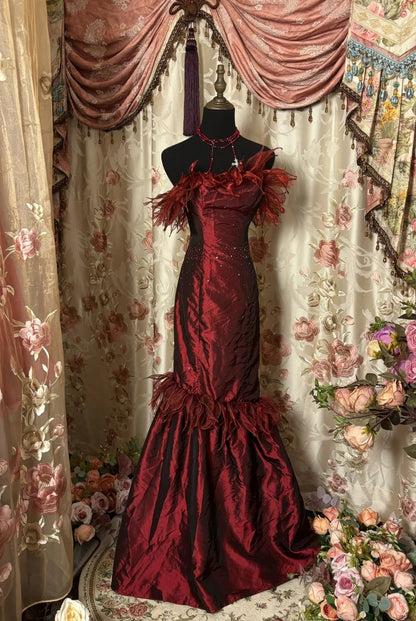 Red Mermaid Strapless Formal Dresses Feather Sequins Prom Dress AP2882