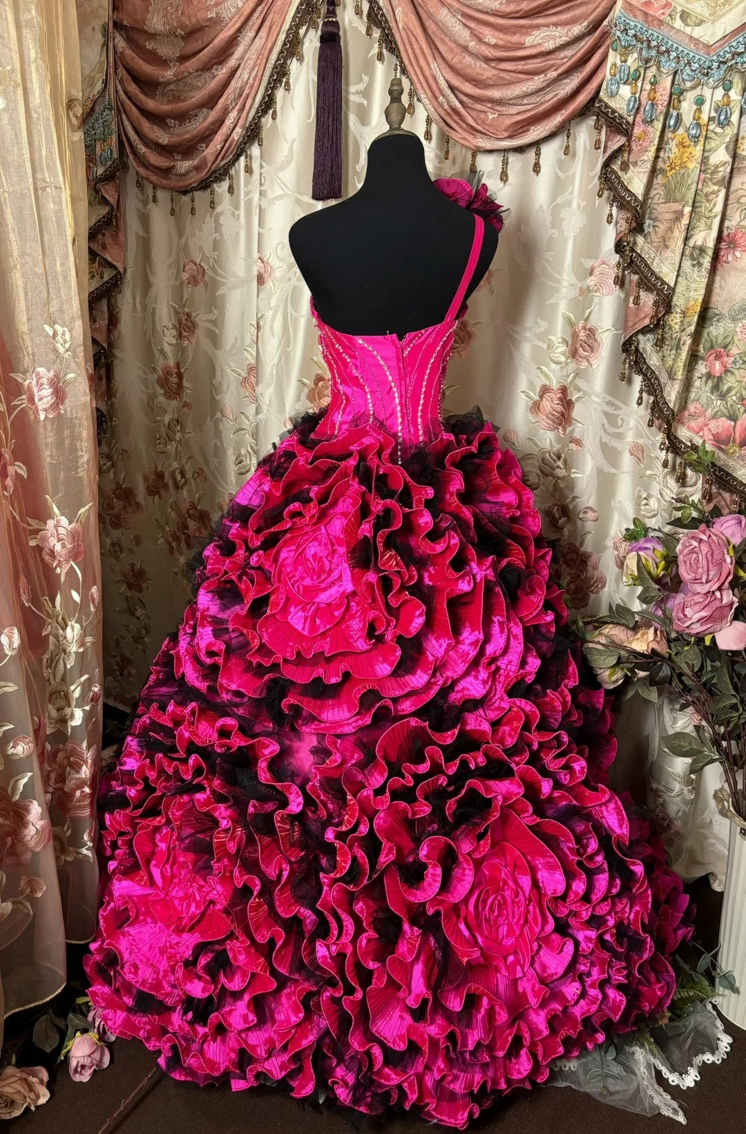 Cute A-Line One Shoulder Evening Gowns Handmade Flowers Sequins Ruffled Prom Dress AP2884