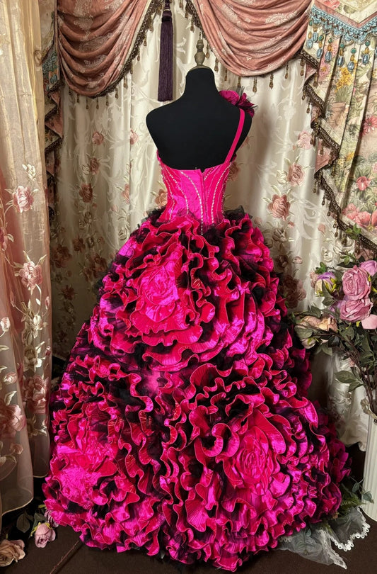 Cute A-Line One Shoulder Evening Gowns Handmade Flowers Sequins Ruffled Prom Dress AP2884
