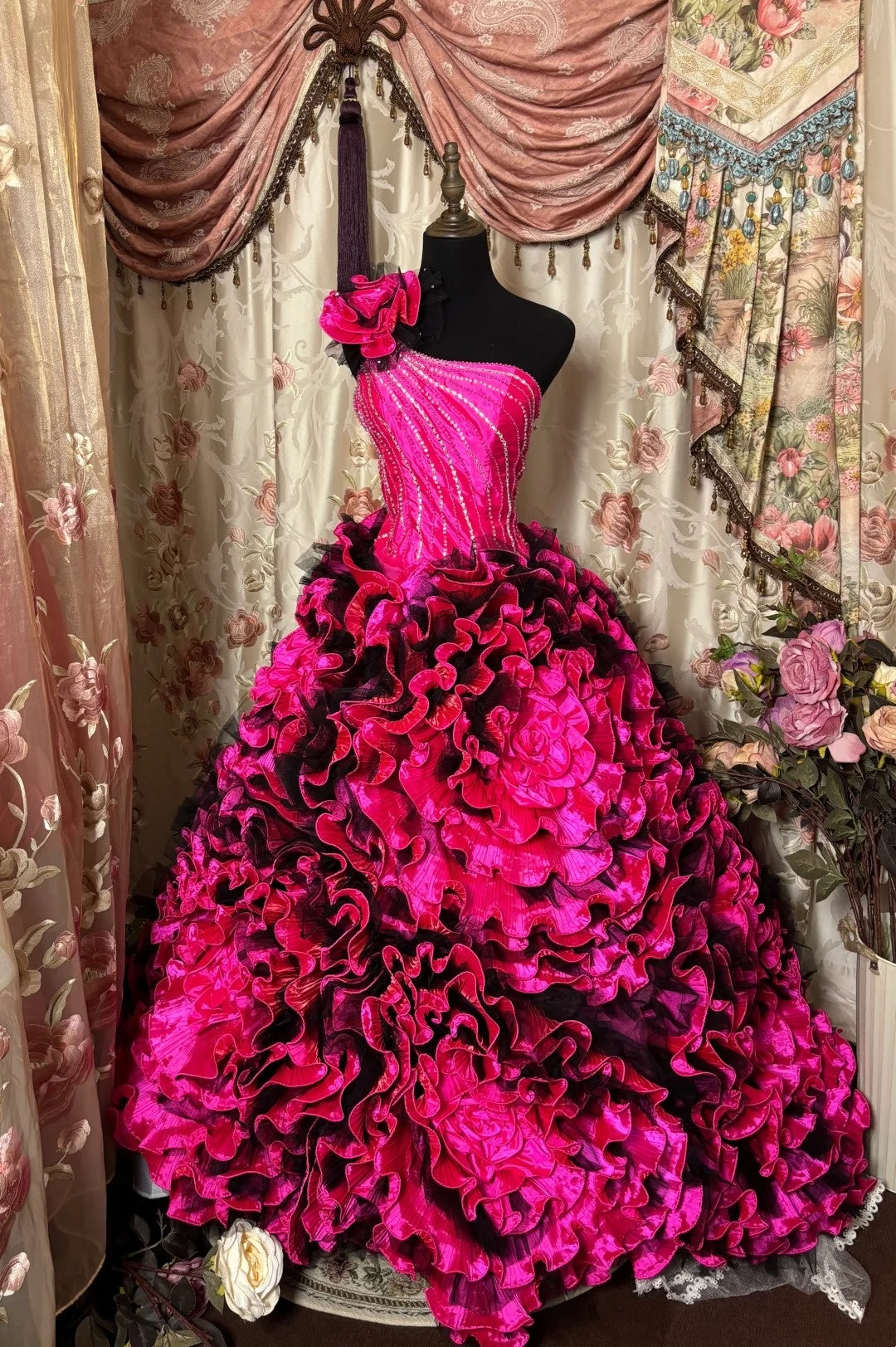 Cute A-Line One Shoulder Evening Gowns Handmade Flowers Sequins Ruffled Prom Dress AP2884
