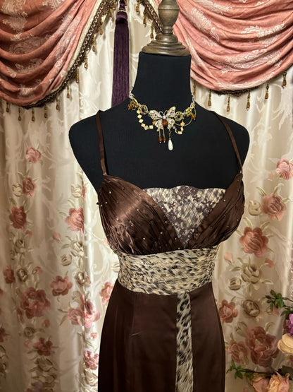 Simple Spaghetti Strap Sheath Prom Dress Beads Leopard Formal Dresses AP2887