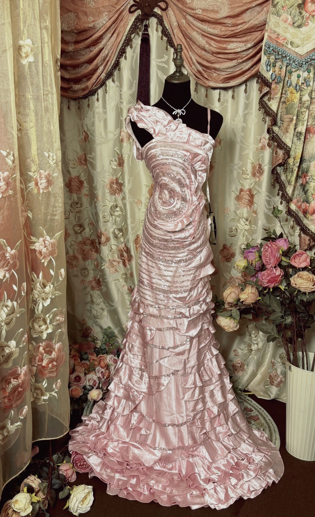 Alluring Asymmetric Neckline Mermaid Prom Dress Sequins Tiered Formal Dresses AP2891