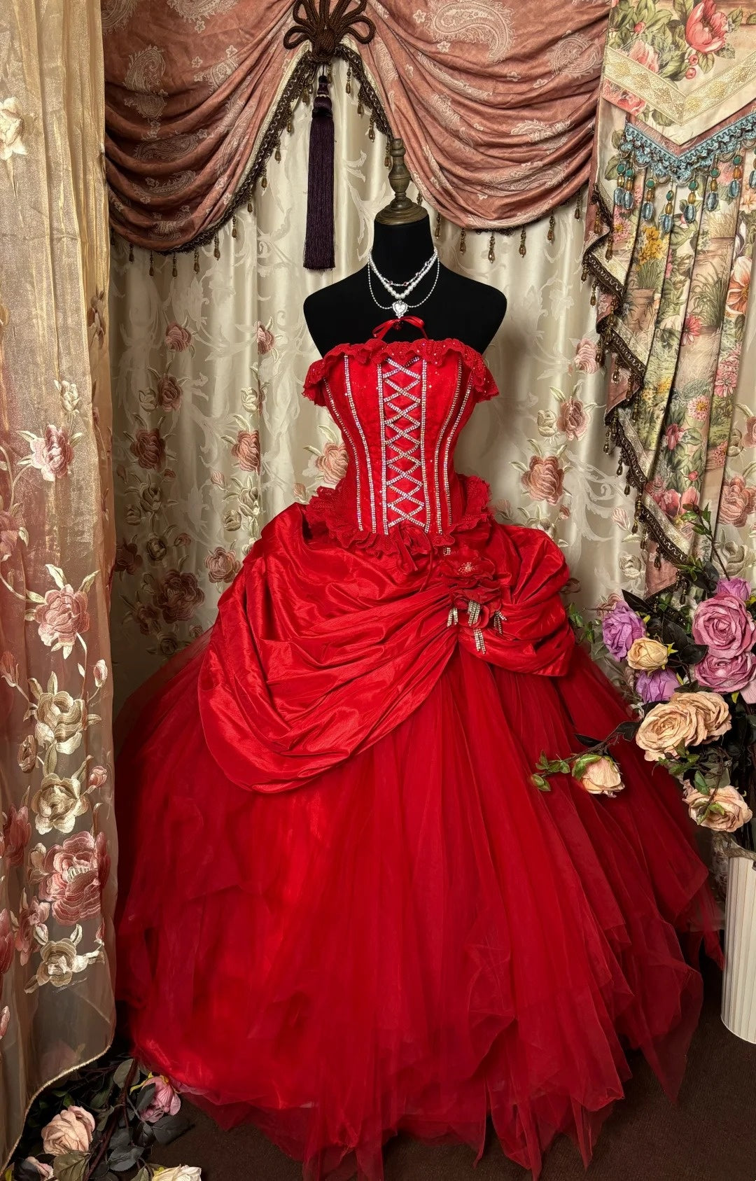 Gorgeous A-Line Strapless Red Sweet 16th Dress Handmade Flowers Sequins Beading Prom Dress AP2892