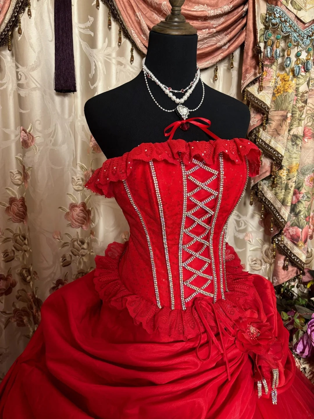 Gorgeous A-Line Strapless Red Sweet 16th Dress Handmade Flowers Sequins Beading Prom Dress AP2892