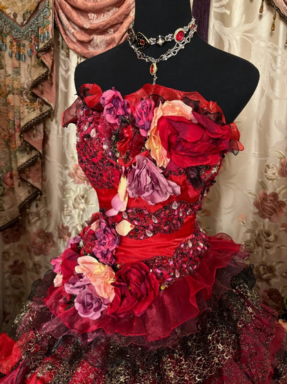 Glam A-Line Strapless Sweet 16th Dress Sequins Handmade Flowers Beading Red Tiered Prom Dress AP2893