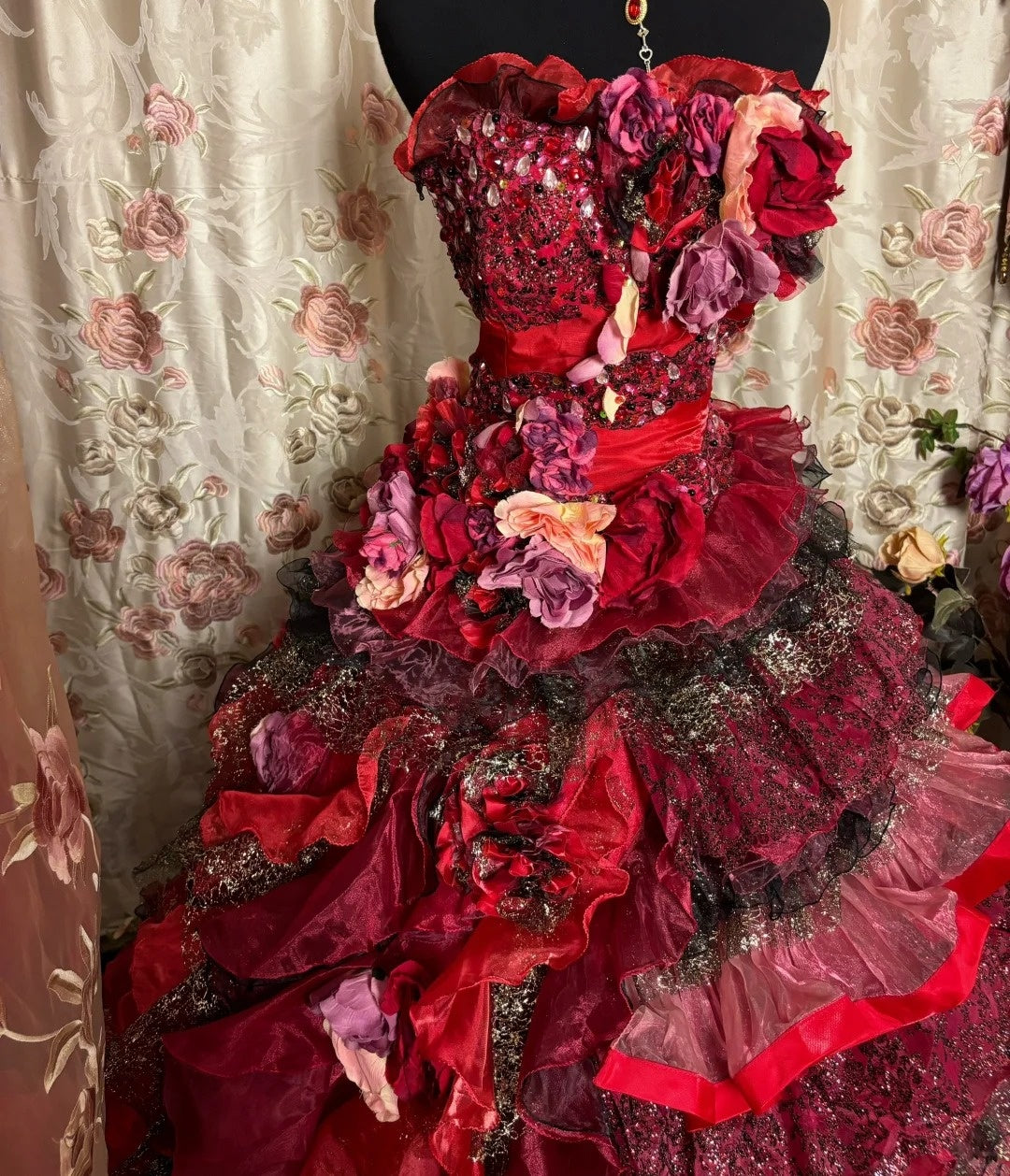 Glam A-Line Strapless Sweet 16th Dress Sequins Handmade Flowers Beading Red Tiered Prom Dress AP2893