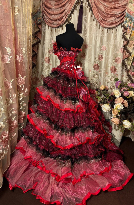 Glam A-Line Strapless Sweet 16th Dress Sequins Handmade Flowers Beading Red Tiered Prom Dress AP2893