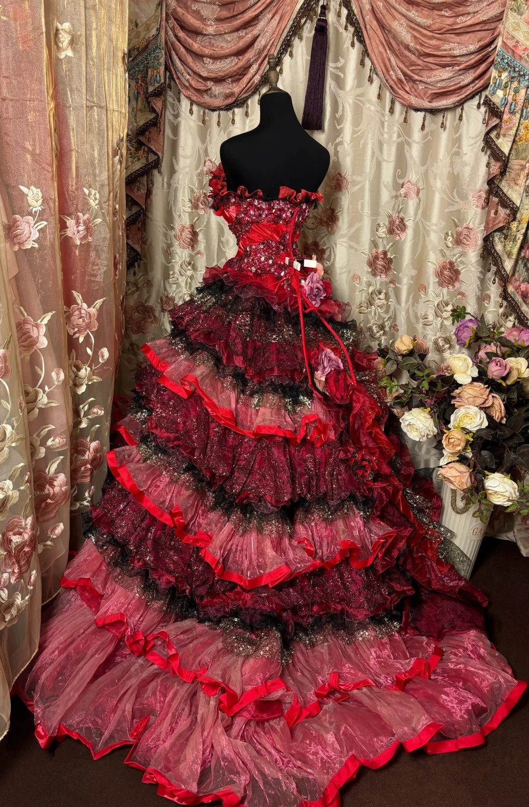 Glam A-Line Strapless Sweet 16th Dress Sequins Handmade Flowers Beading Red Tiered Prom Dress AP2893